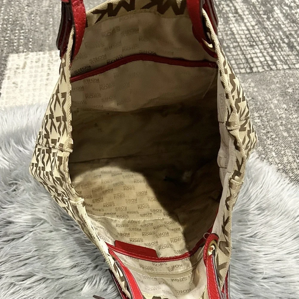 MK Michael‎ Kors Jet Set Signature Grab Bag Tote Tan/Red Jacquard Leather Y2K